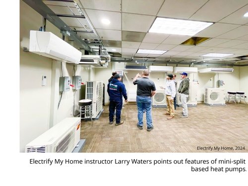 Electrify My Home instructor Larry Waters point out features of mini-split based heat pumps